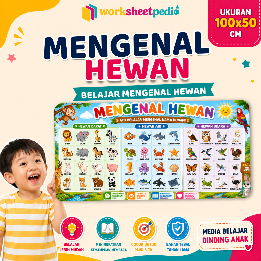 Poster Edukasi Anak Mengenal Hewan | Banner PAUD & TK 100 × 50 cm | Media Belajar Dinding untuk Anak