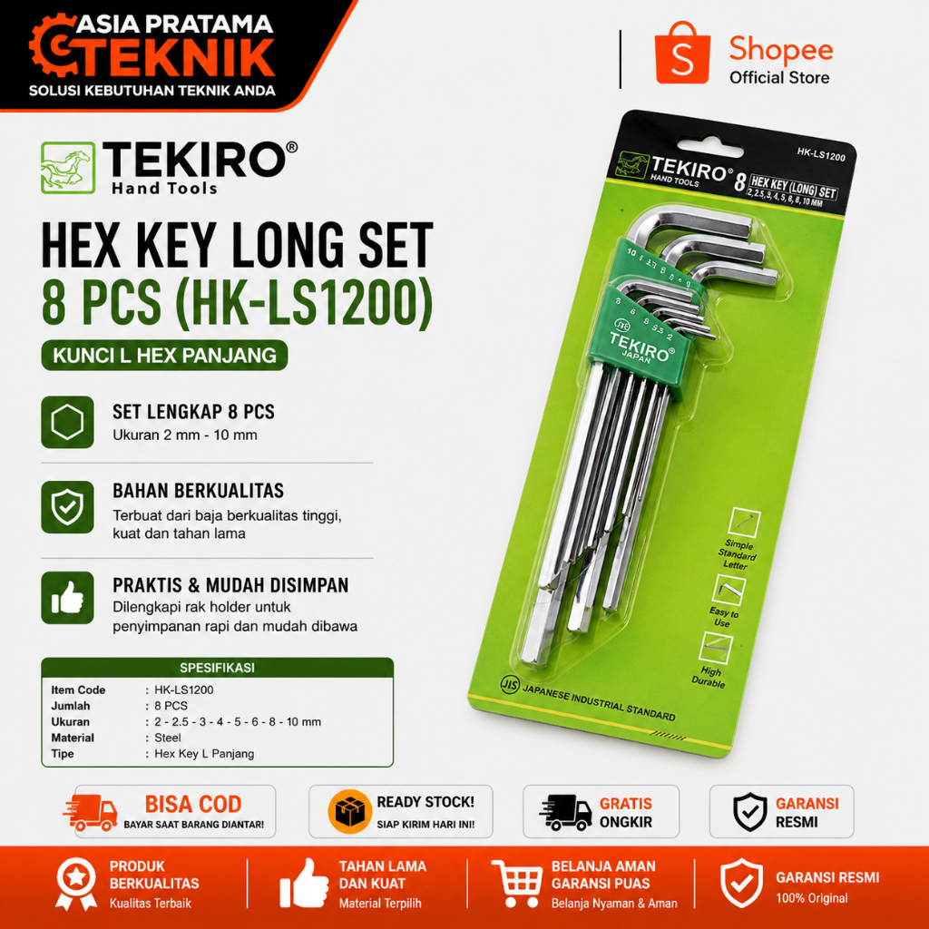 Tekiro Kunci L Set 8 Pcs MM Panjang /Kunci L Set / Tools - Alat Perkakas Bintang Kombinasi