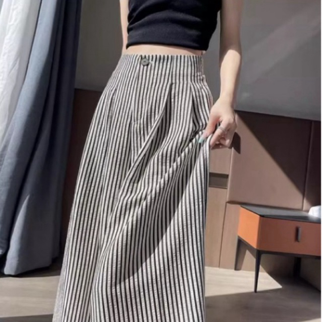 Stripe Wide Leg Pants Celana Kulot Salur Katun Highwaist Upgrade Tampilan Harianmu dengan Desain Sal