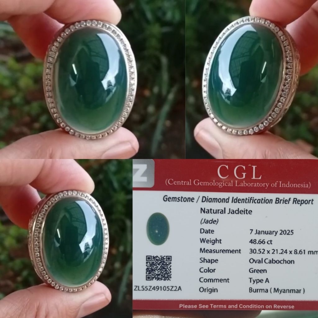 giok Birma type A 48.66 ct besar mumbul ring perak