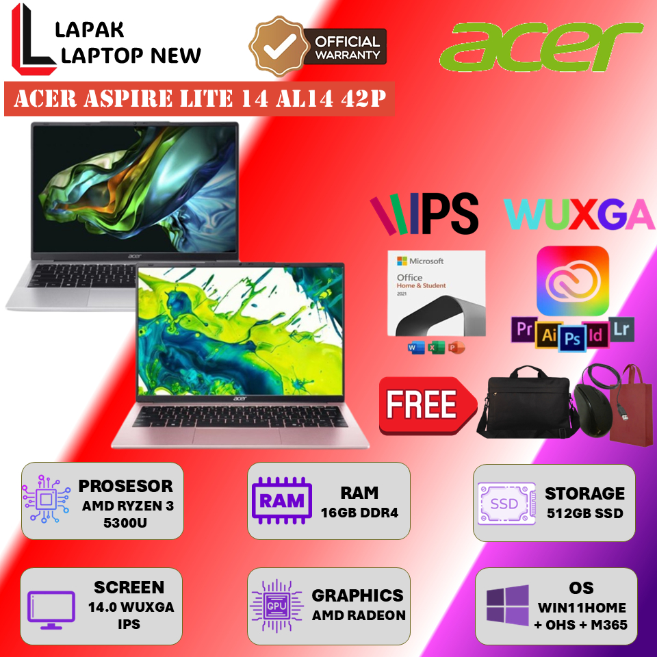 Acer Aspire Lite AL14  Ryzen 3 5300U 16GB 512GB SSD WUXGA IPS Win11+OHS