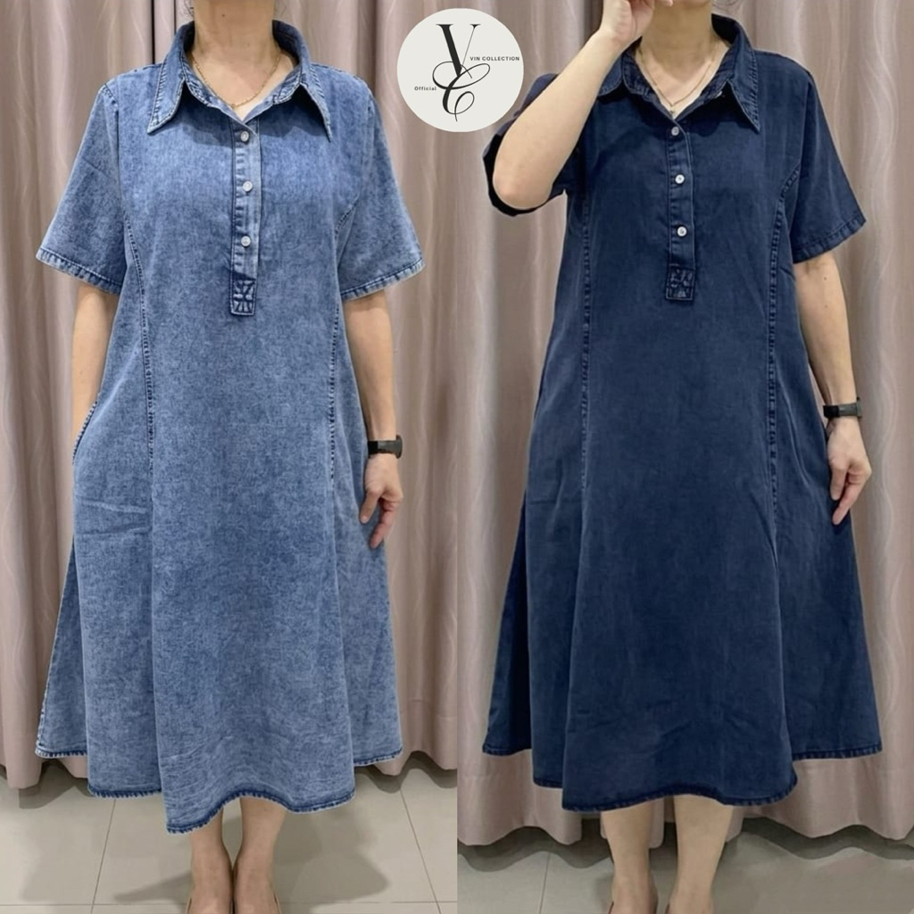 14288 MIDI DRESS JEANS POLOS KERAH KANCING LD110 WANITA|DRESS JEANS|DRESS LD110