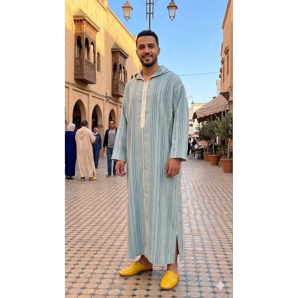 Djellaba.id Gamis Sholat Umroh Haji Baju Muslim Jubah Hoodie Jalabah Kapucong Maroko Pria Katun Line