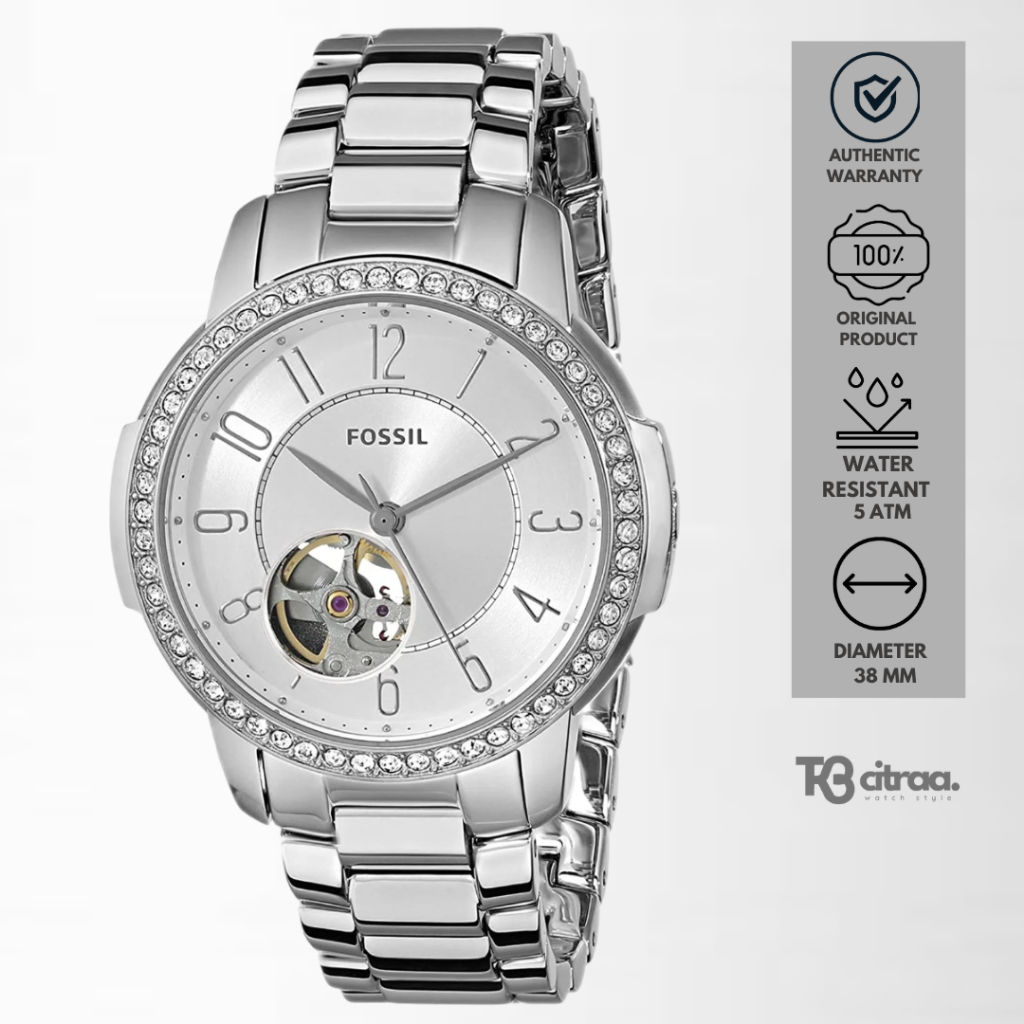 Jam Tangan Wanita Fossil Architect Automatic Silver Stainless Steel Mewah Original ME3057