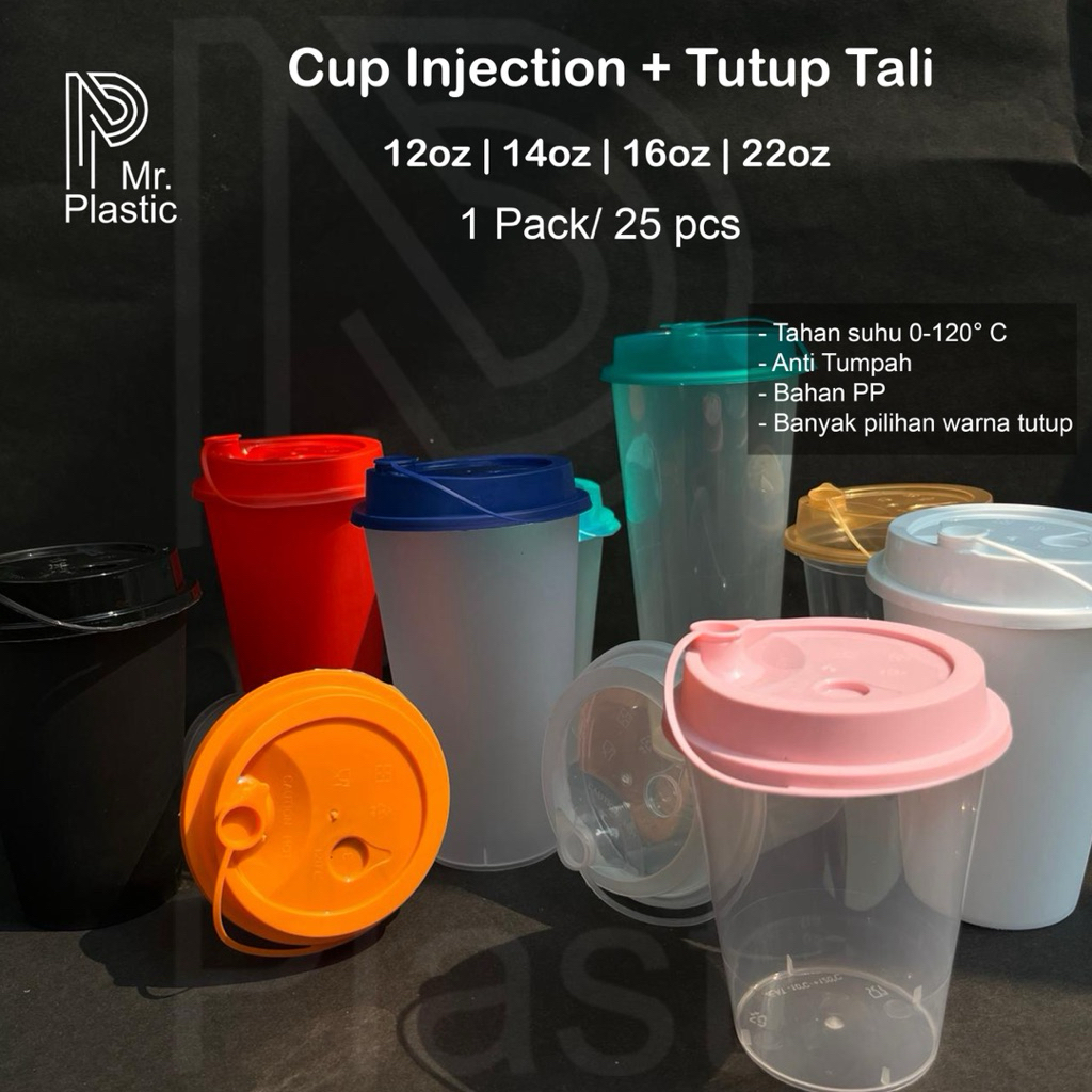 CUP Gelas PP Injection 12oz,14oz,16oz,22oz bening/frosted + Tutup tali isi 25pcs