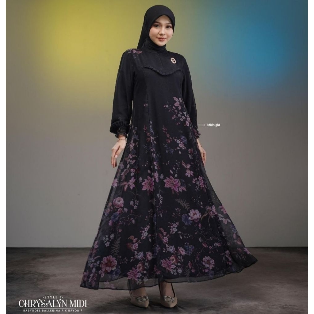 Nadheera Luxury - Chrysalyn Midi Dress Style 5 - Gamis Rayon Babydoll Premium Motif Bunga Mewah Busu