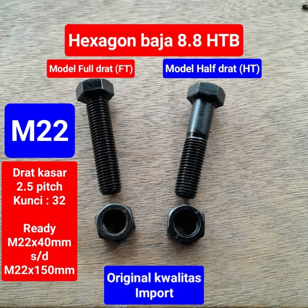 Baut HTB hexagon baja 8.8 M22 | baut hexagon baja 8.8 M22 | baut baja hitam 8.8 M22x40 s/d M22x150