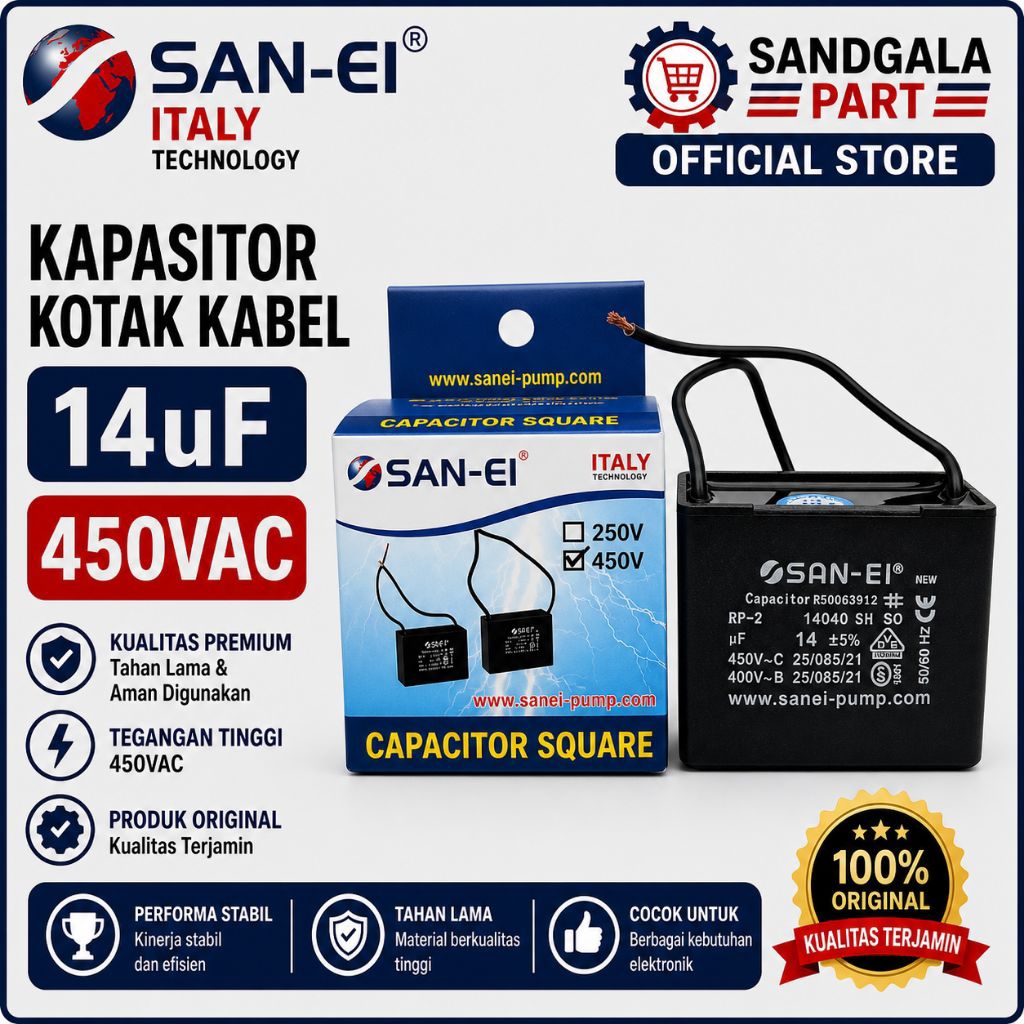 kapasitor kotak kabel 14uf 450V SAN-EI kapasitor pompa air mesin cuci AC 14uf 450V