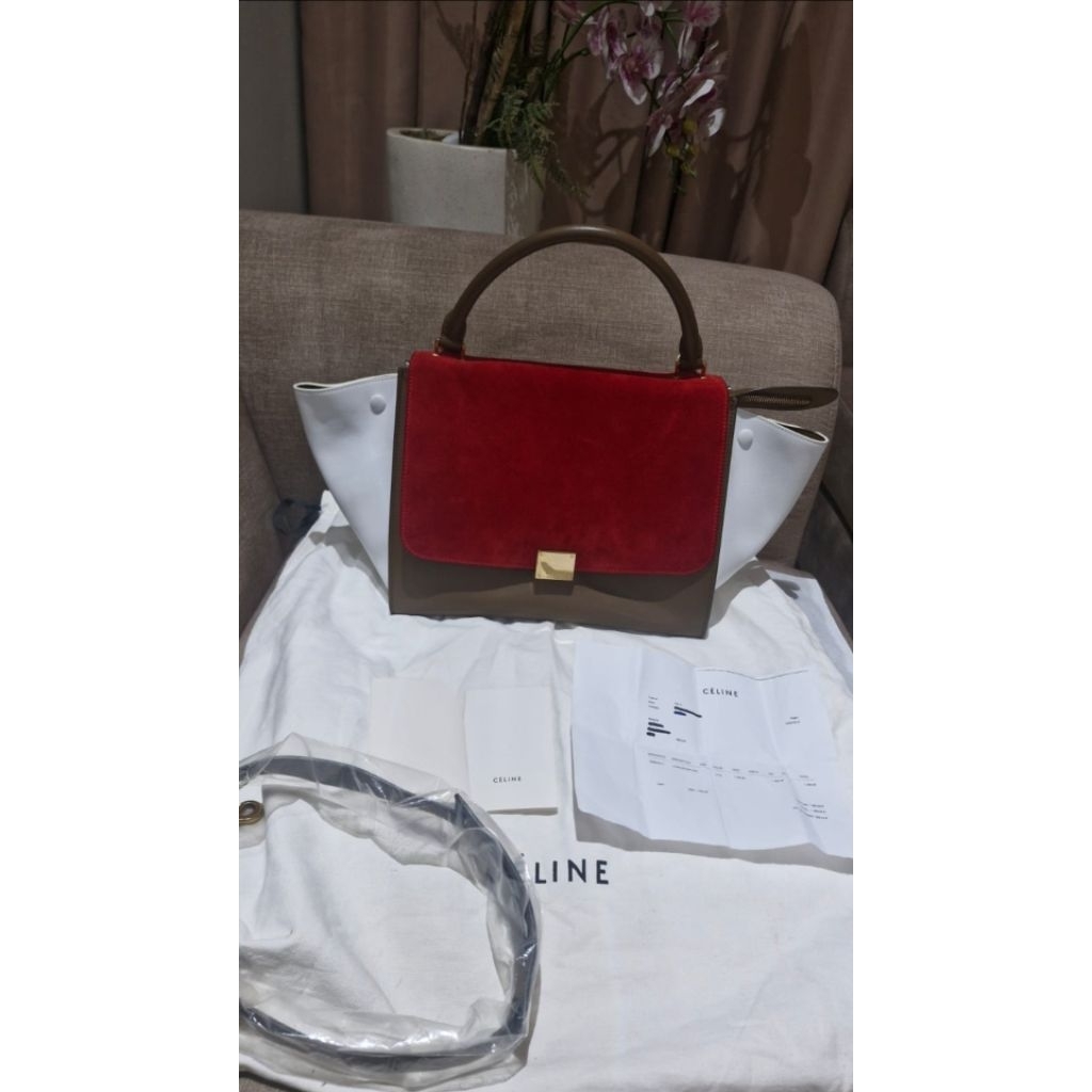Celine Medium Trapeze Bag Red, Brown, White with Card, DB, Copy Rec