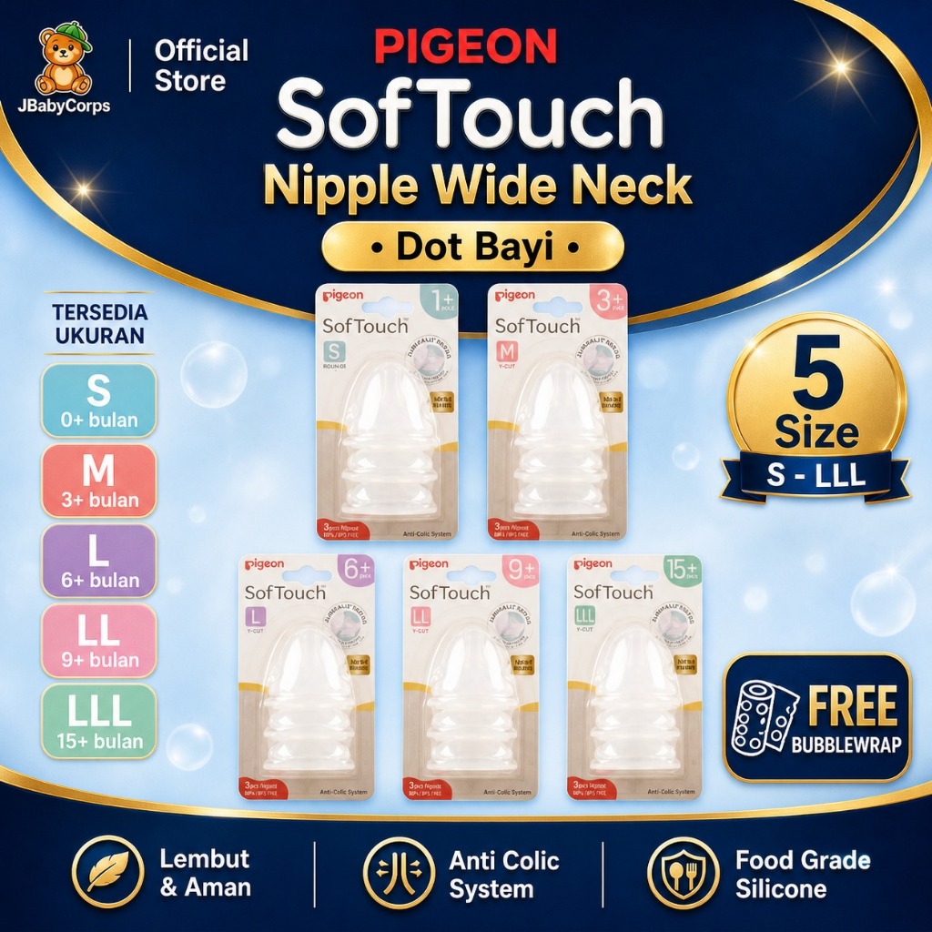 Pigeon WIDE NECK Nipple S/M/L/LL/LLL Soft Touch Peristaltic Plus Dot Bayi Pigeon