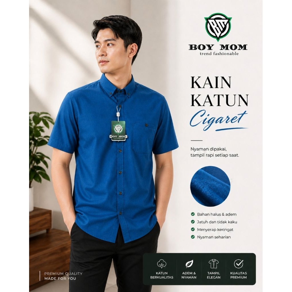 BOY MOM Emerald Blue Cigaret Kemeja Polos Warna Emerald Blue / Biru Emerald Lengan Pendek Kain Katun