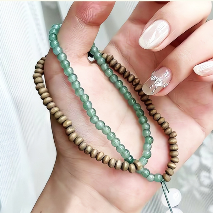 Gelang Tangan Dua Lingkaran Kombinasi Manik-manik Batu Hijau Alami dan Kayu Asli dengan Hiasan Batu 