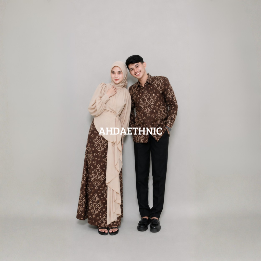 COUPLE TENUN DRESS DAN KEMEJA GREY BROWN SET BAJU COUPLE SERI ELIRA