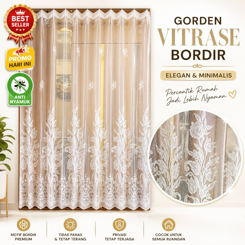 Gorden Vitrase Bordir Tulip Premium | Tirai Jendela Minimalis Elegan | Anti Nyamuk & Tetap Terang