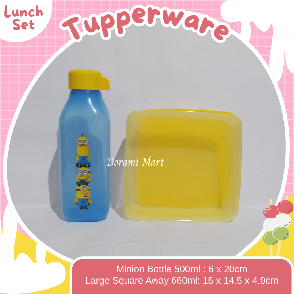 TUPPERWARE Lunch Box Set Tempat Bekal Botol Minum Kotak Makan Minion Eco Water Bottle Large Square A
