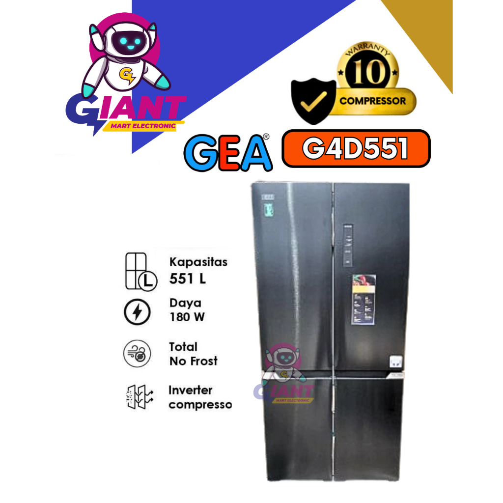 KULKAS 4 PINTU GEA SIDE BY SIDE G4D551 / G4D-551 / 551 LITER BLACK INOX