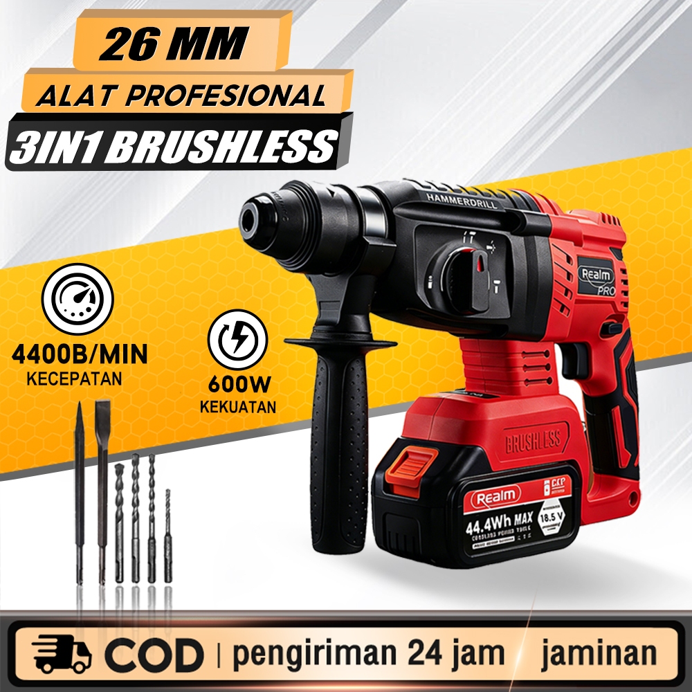 REAIM 3 MODE Cordless Brushless Rotary Hammer Impact Drill Electric Rechargeable Portable Powertool 