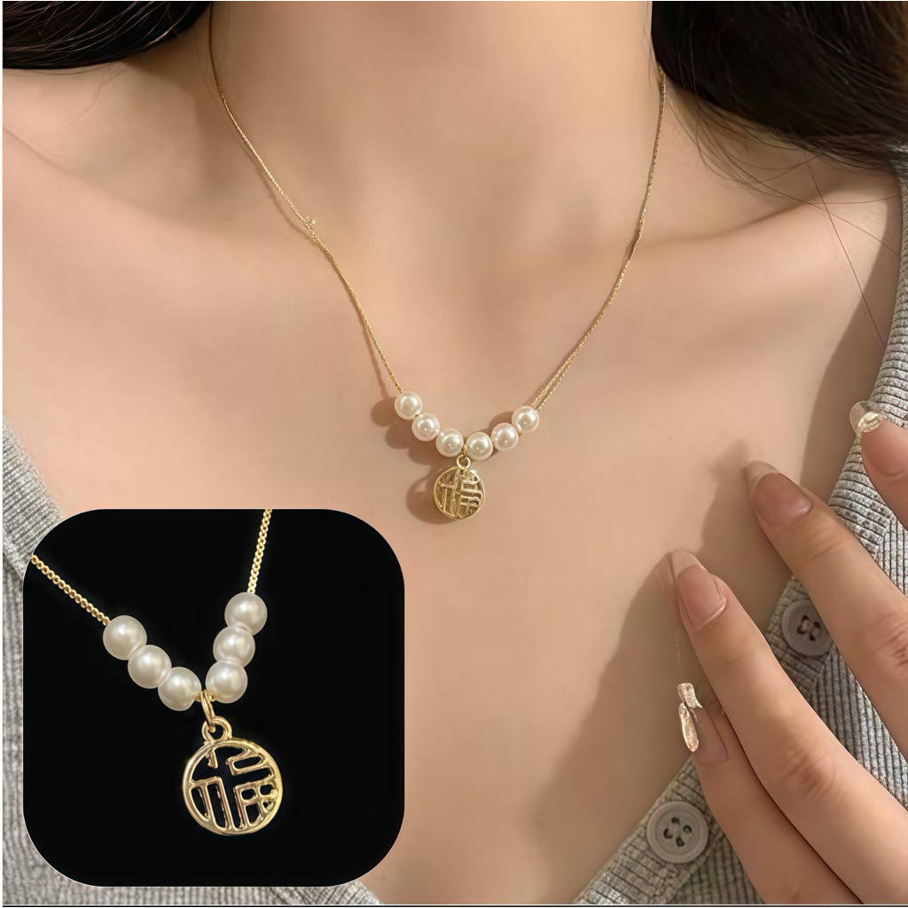 K27 - Kalung Mutiara Hoki Huruf Mandarin Cantik / Perhiasan Pesta Anti Karat / Aksesoris Cantik Untu