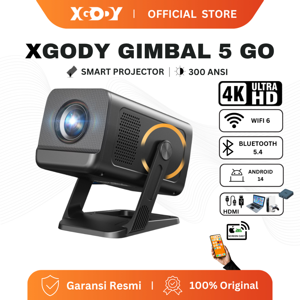XGODY Gimbal 5 GO Smart Proyektor LCD - Android 14 - 720P - Built-in Speaker - Netflix - YouTube - 3