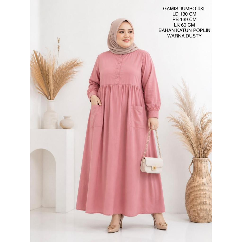 Gamis Jumbo Bigsize Wanita Ld 130 Cm Model Polos Bahan Katun Poplin Adem