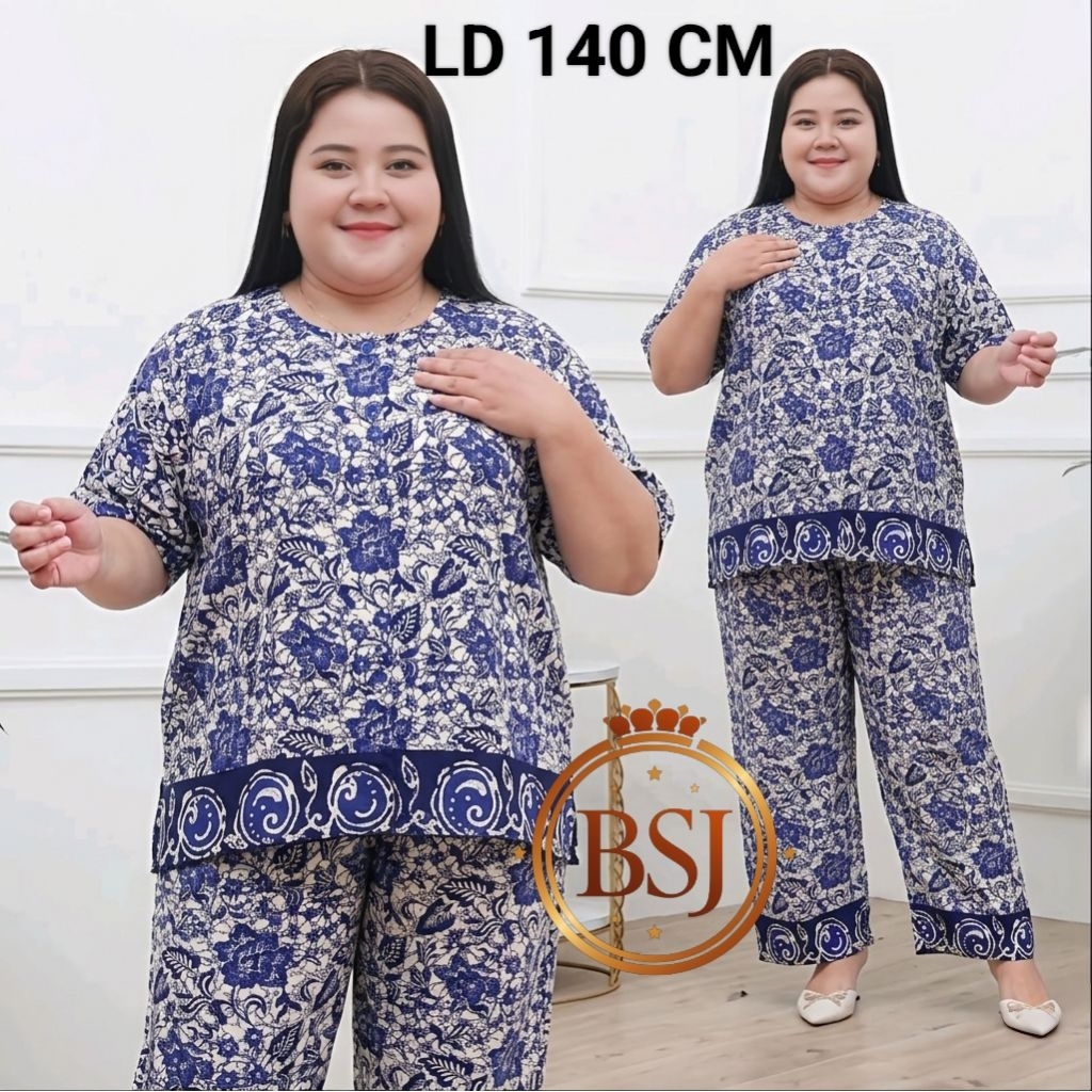 Setelan Celana Panjang Jumbo LD 140 cm One Set Atasan Rayon Jumbo Busui Friendly Piyama Wanita