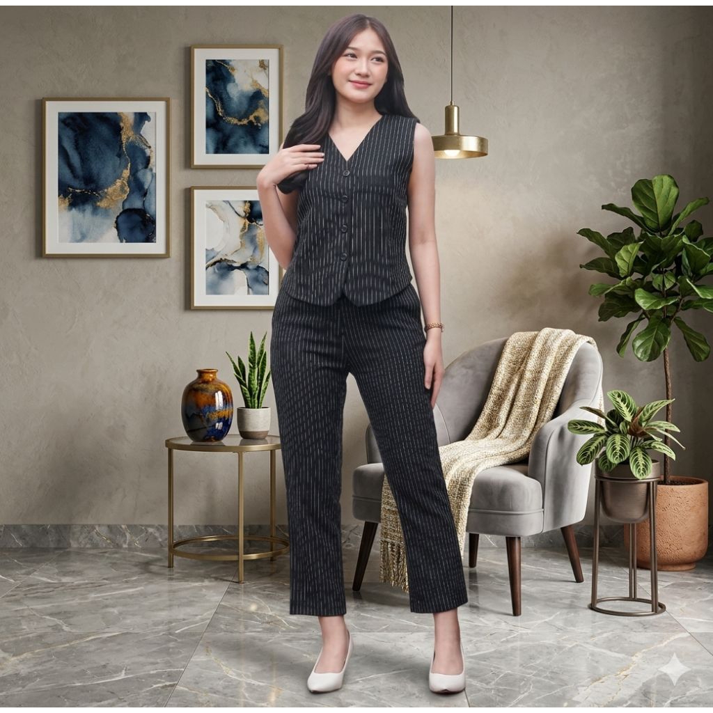 Aura vest set - setelan wanita formal - rompi tanpa lengan korean style - blazer stripe salur