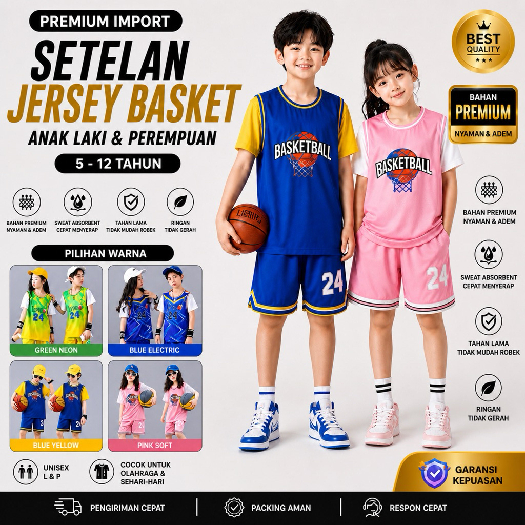 Setelan Jersey Basket Anak Laki Perempuan 5–12 Tahun | Baju Basket Anak Lengan Pendek Premium Import