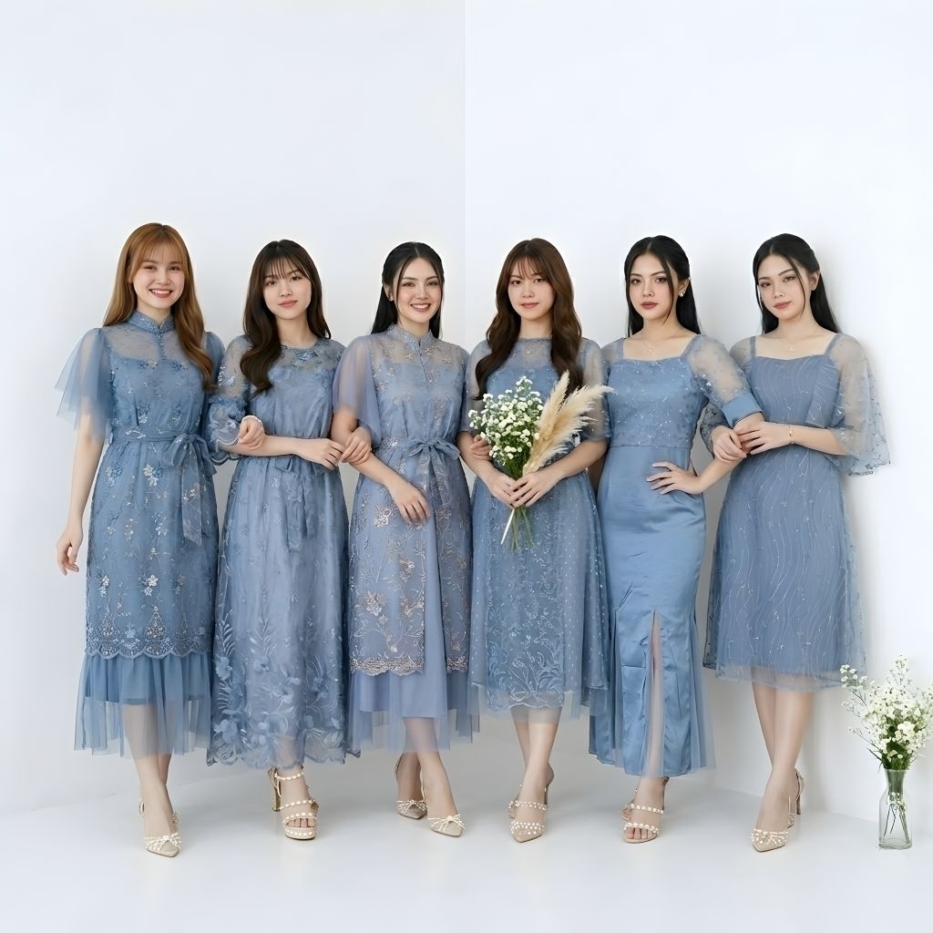 Gaun Pesta Warna Denim Elegan Terbaru – Dress Kondangan, Bridesmaid, Kebaya Modern, Dress Panjang & 