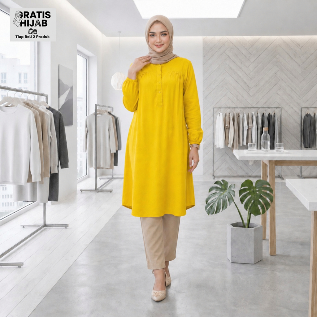 Tunik Wanita Kuning Mustard Polos Busana Muslim Lengan Panjang Jumbo Size Viscose Adem Busui Wudhu F