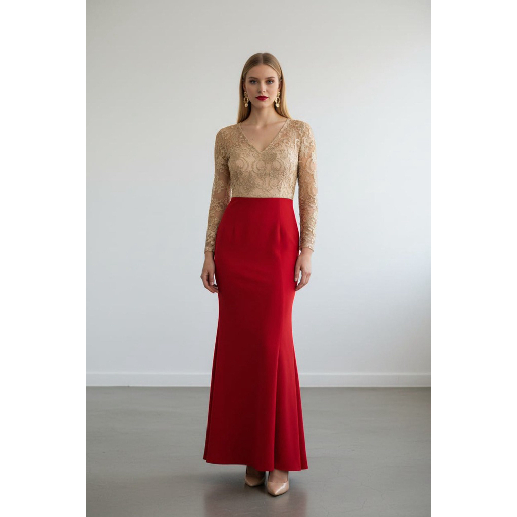 GaunPestaEleganKombinasiLace&Satin-RedGoldLuxuryDress