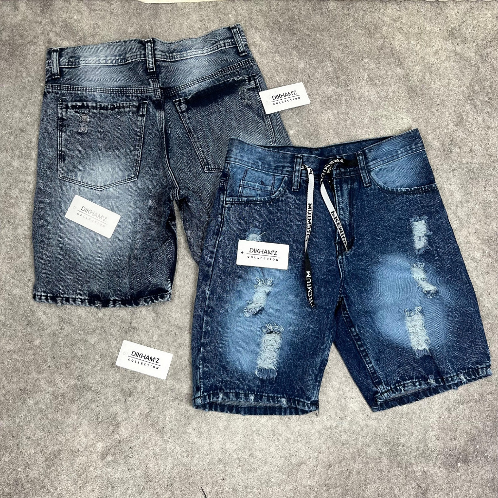 100 DAPAT 2 CELANA JEANS SOBEK PENDEK PRIA BY DIKHAMZ COLLECTION /CELANA PENDEK DENIM BERMUDA SHORT 
