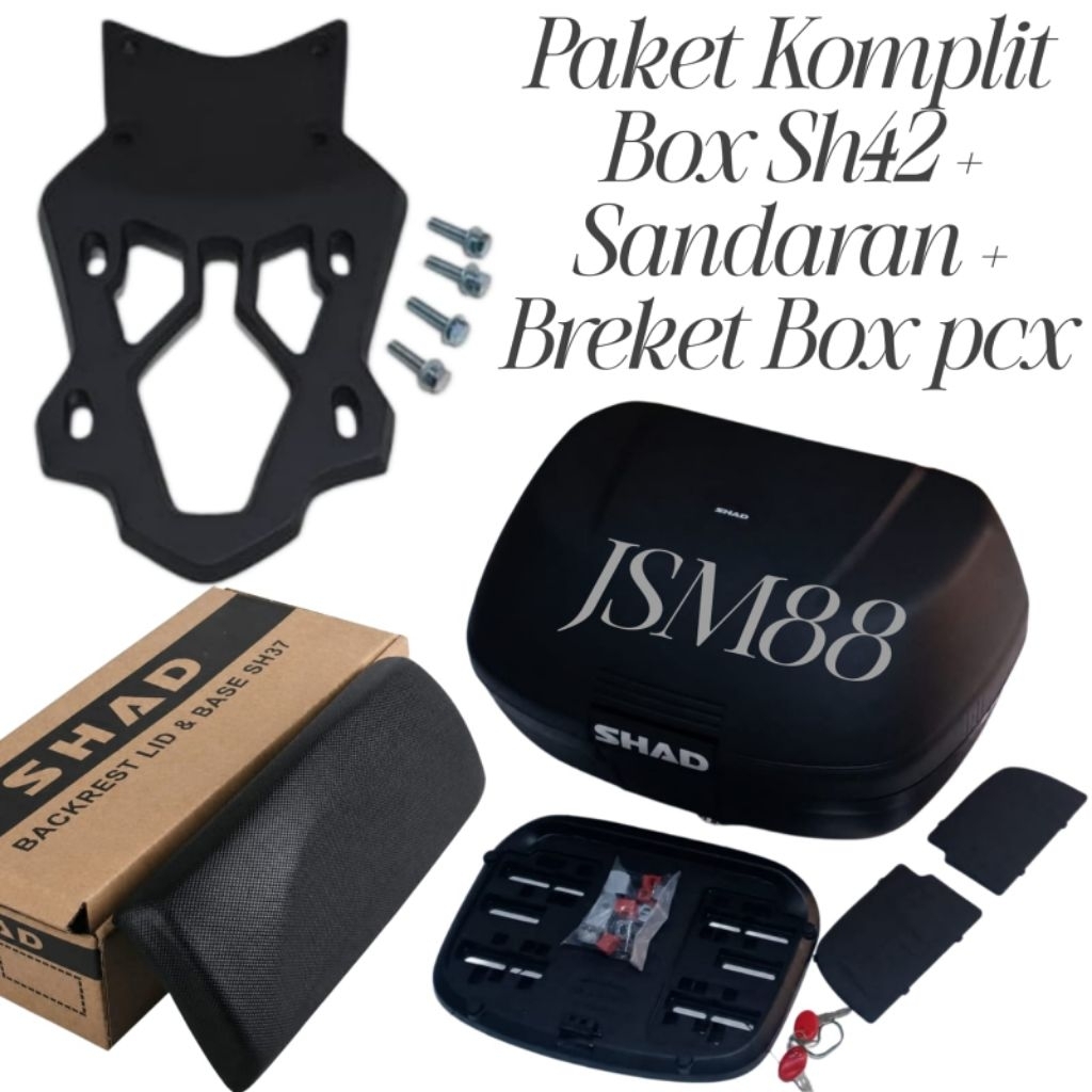 Paket Komplit Box Shad Sh42 + Sandaran Shad + Breket Bracket Box Pcx 150 & Pcx 160 / Top Box Shad Sh