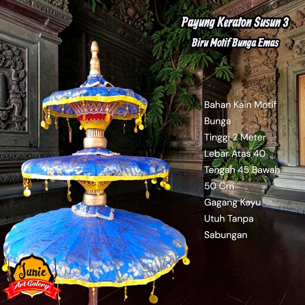 Payung Keraton Susun 3 biru Motif bunga Emas / Payung hias dekorasi / songsong agung / payung tedung