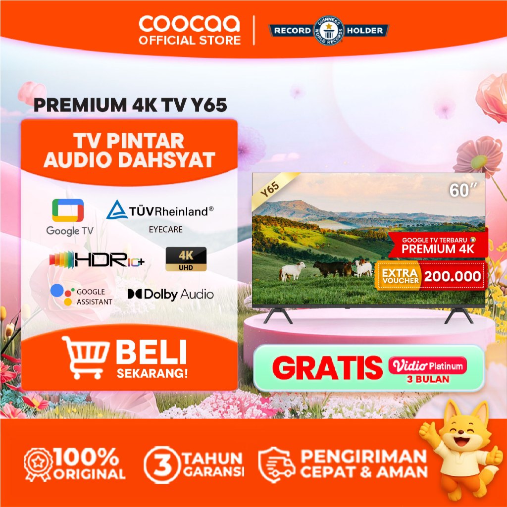 NEW COOCAA TV 60 inch Y65 - 4K GOOGLE TV  - Dolby Audio - Eye Care - HDR10 - Find Remote - (COOCAA 6