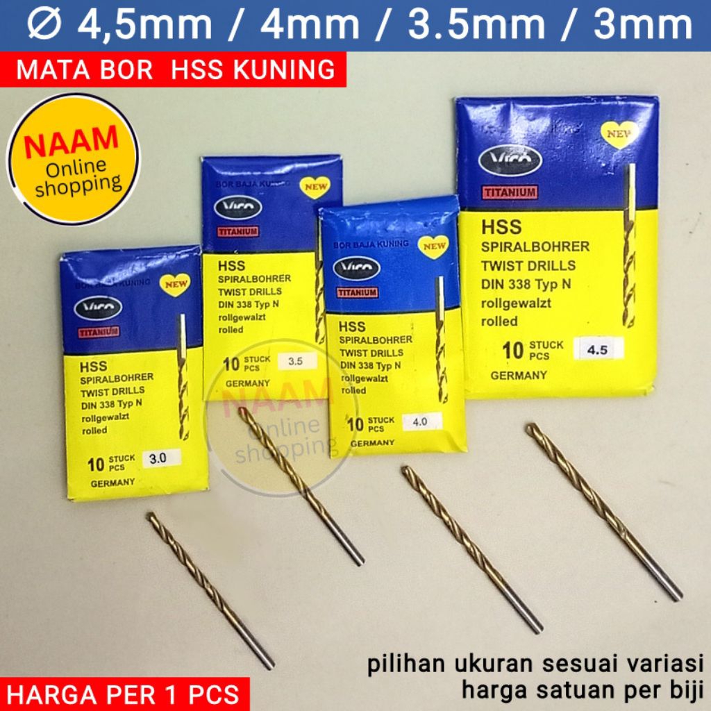 (4.5 / 4 / 3.5 / 3 MM) MATA BOR HSS KUNING 4,5MM / 4MM / 3,5MM / 3MM - MATA BOR BESI & KAYU - MATA B