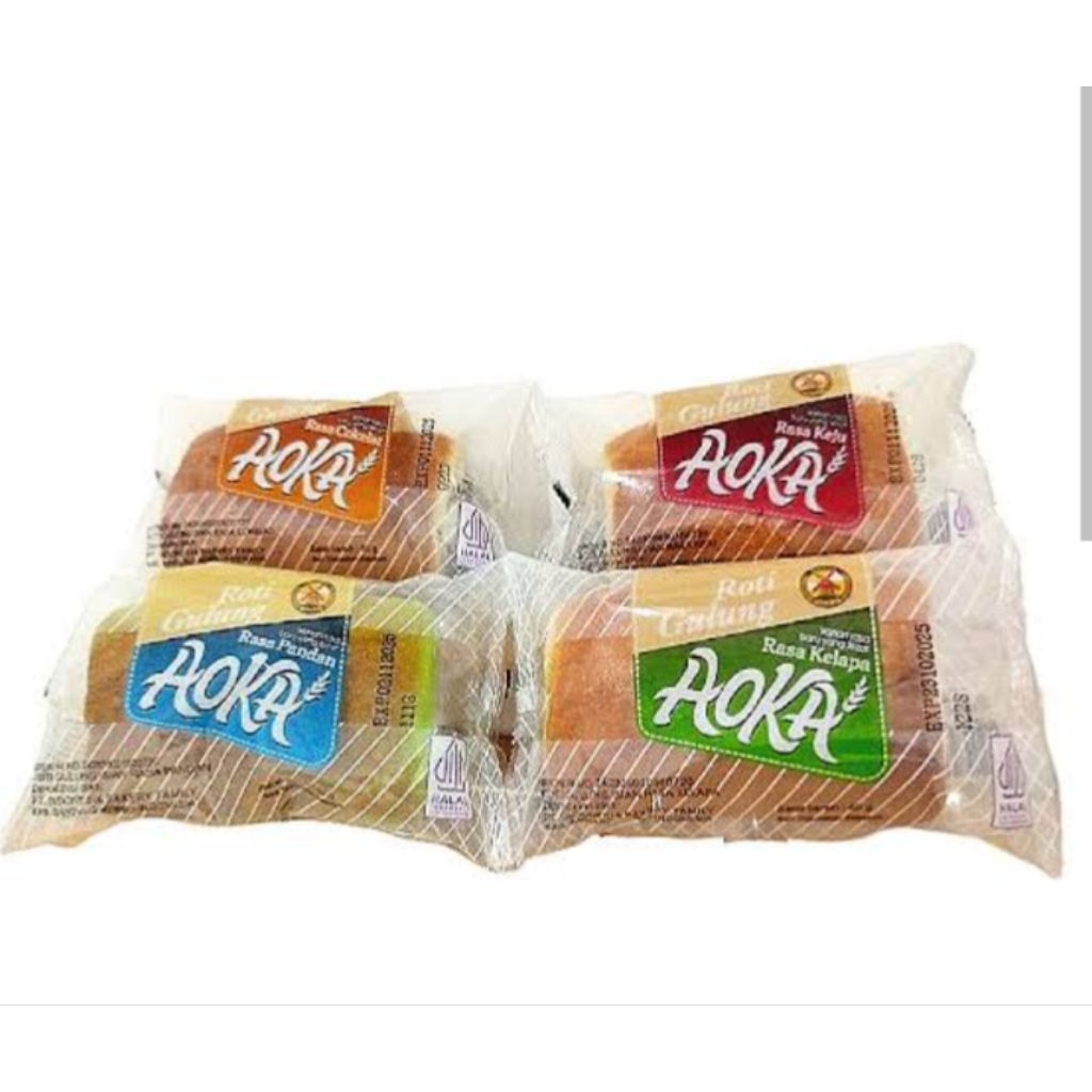 AOKA ROTI GULUNG coklat, keju, kelapa, pandan 52gr 1dus Isi 60pcs