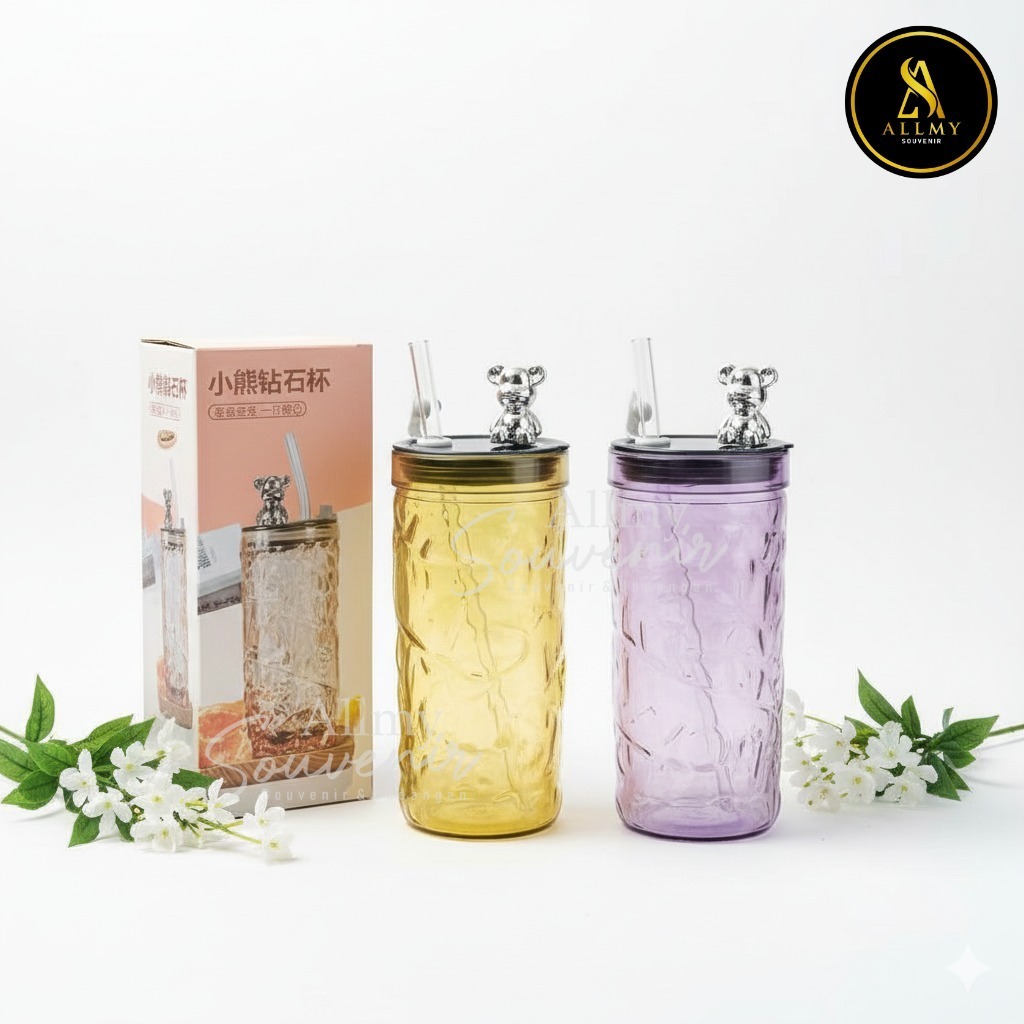 BOTOL KRISTAL PANDA TUMBLER KACA GLASS KARAKTER BERUANG LUCU (DAPAT3PCS)