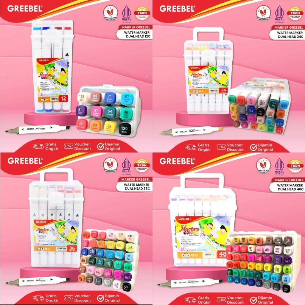 GREEBEL Spidol Warna Warni / Water Marker Dual Head - Spidol Sketch Mewarnai Menggambar & Kaligrafi