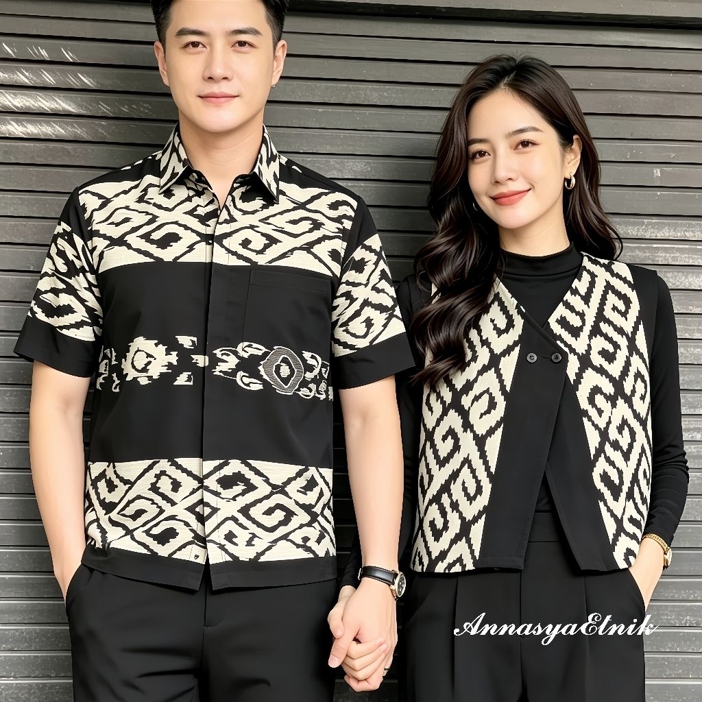 Set Couple Batik Tenun-Rompi Wanita-Kemeja Pria-Atasan Batik Kerja Wanita-Seragam Kantor