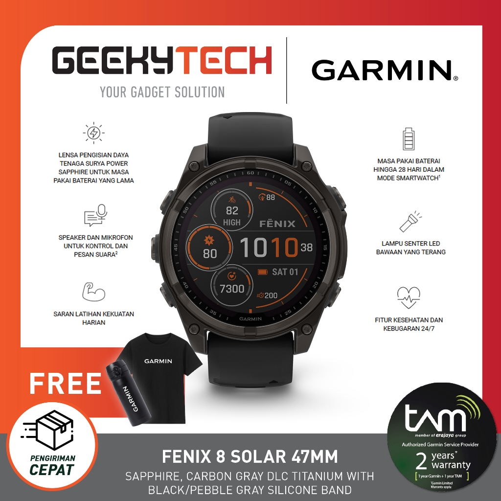 Garmin Fenix 8 SOLAR 47mm Sapphire Carbon Grey DLC Titanium w/ Black Silicone Band - Garansi RESMI T