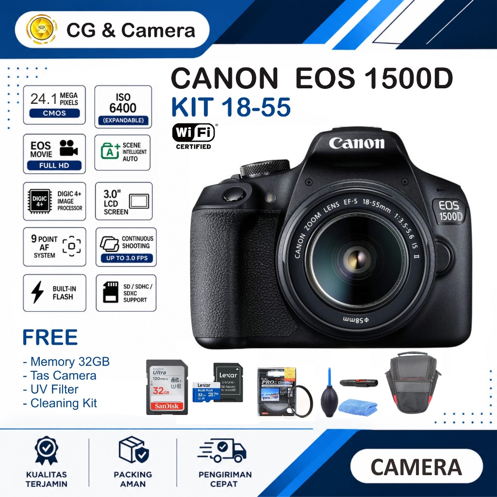 Camera Canon EOS 1500D Kamera DSLR Lensa KIT 18 - 55 II