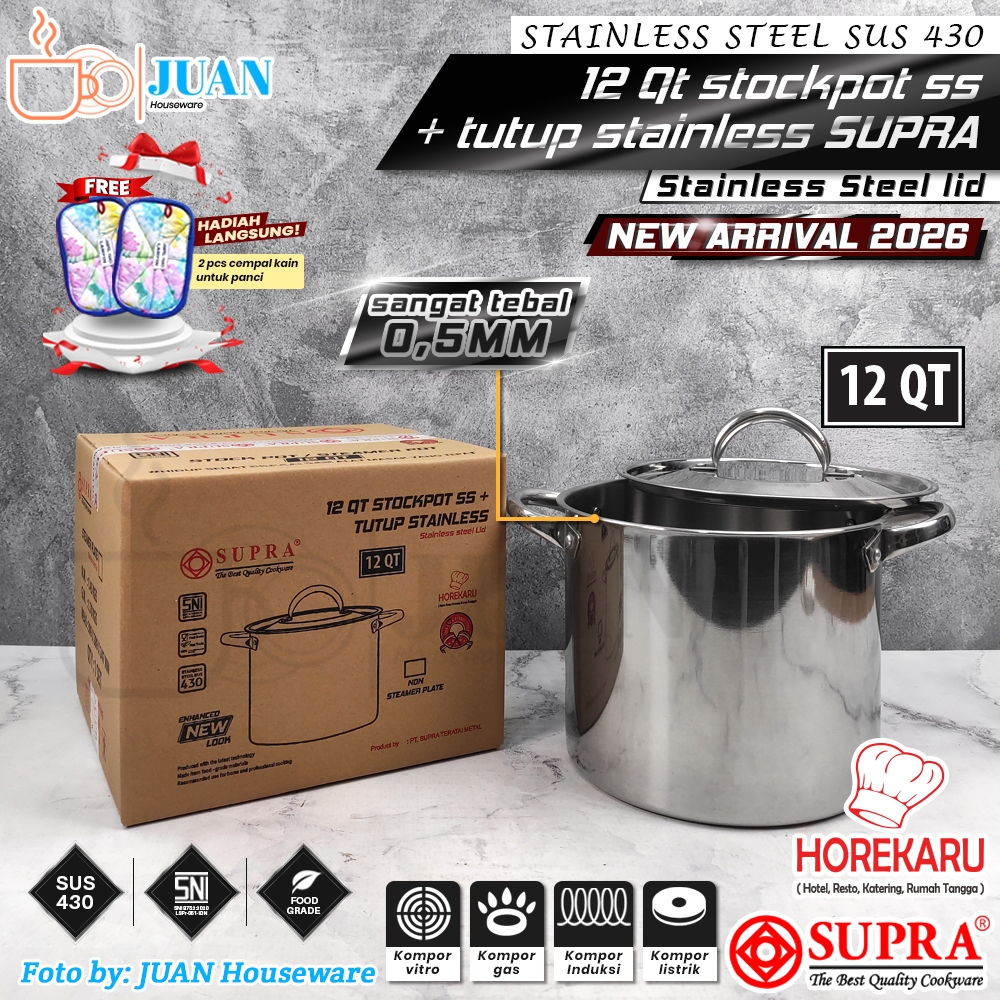 Supra Stock Pot 12 QT Tutup Stainless Steel - Panci Tinggi Tebal Serbaguna / Panci Rebus Sayur