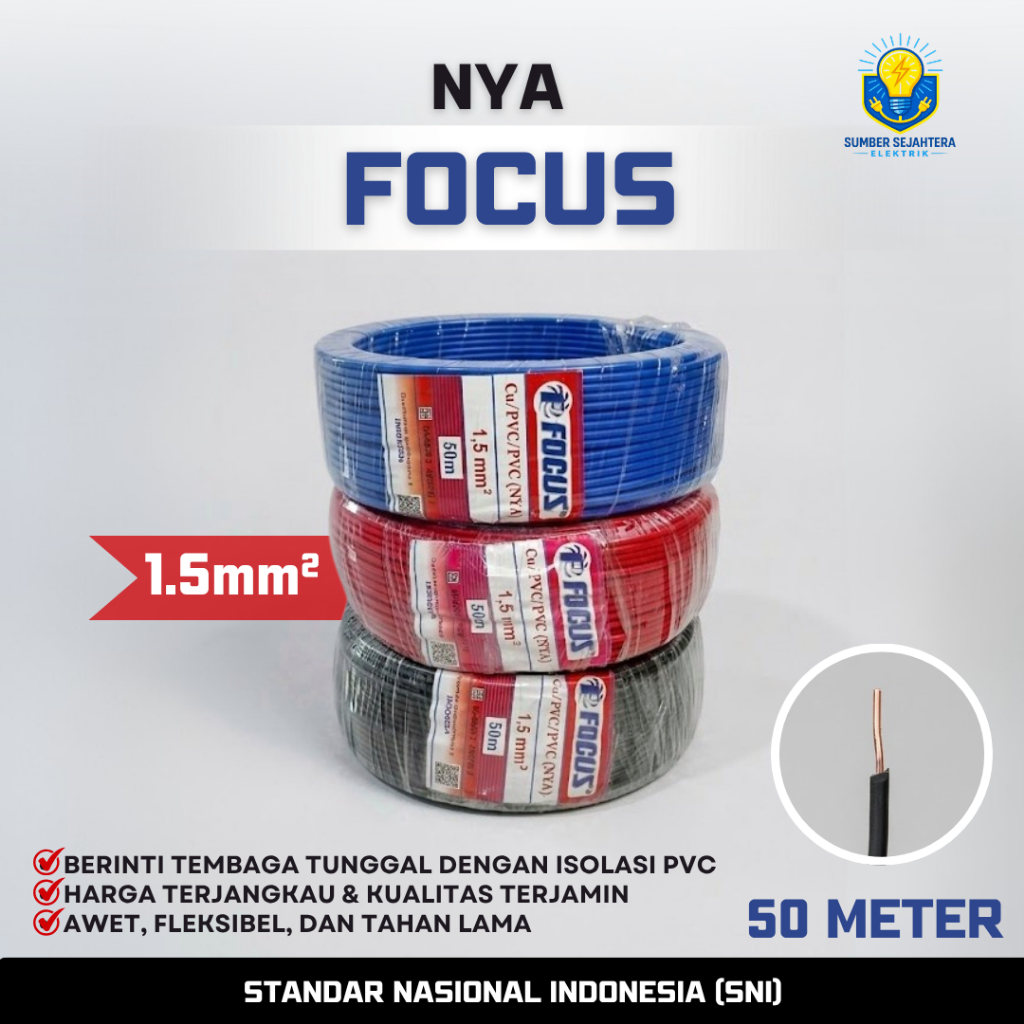 [ROLL] Kabel Listrik Focus Cu/PVC/PVC NYA 1,5 mm² 50m Merah Hitam Biru