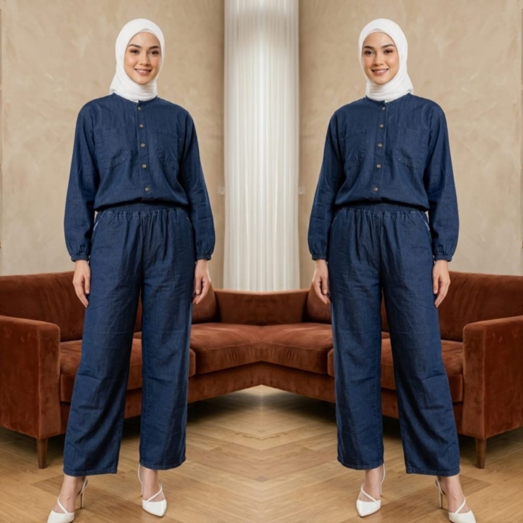 Setelan Wanita Dewasa Jeans Anggun Atasan Blouse Jeans + Celana Kulot Bahan Jeans Wash