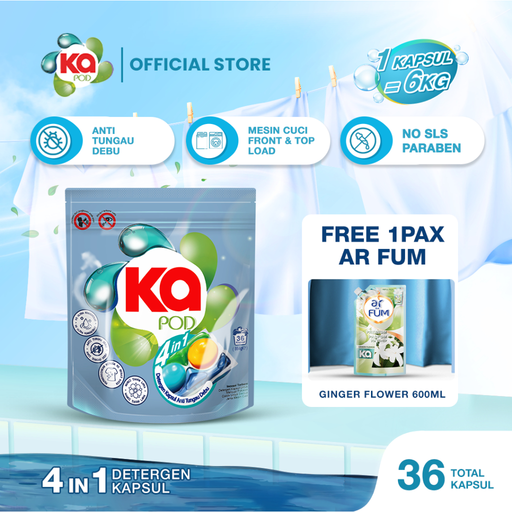 (FREE ar FUM) Ka Pod 4in1 Detergen Kapsul - Refill Pack isi 36 Pcs - 10x Bersih  Pembersih Kain 10x 