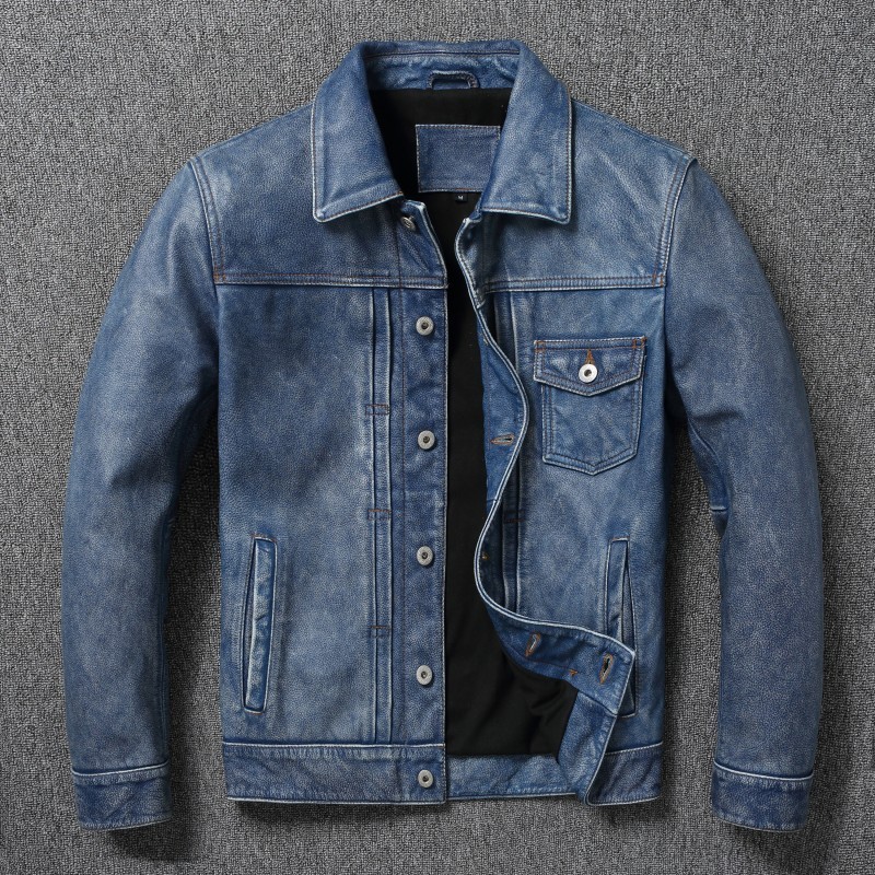 Jaket Kulit Pria Korean Style Vintage Biru Denim Leather Jacket Premium Slim Fit