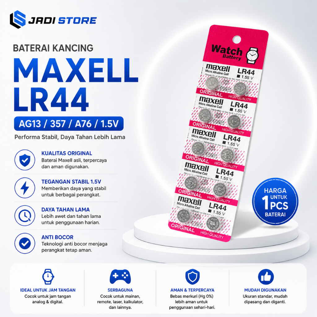 Maxell Baterai Kancing LR44 AG13 357 A76 1.5V Alkaline Button Cell untuk Jam Tangan Mainan Remote La