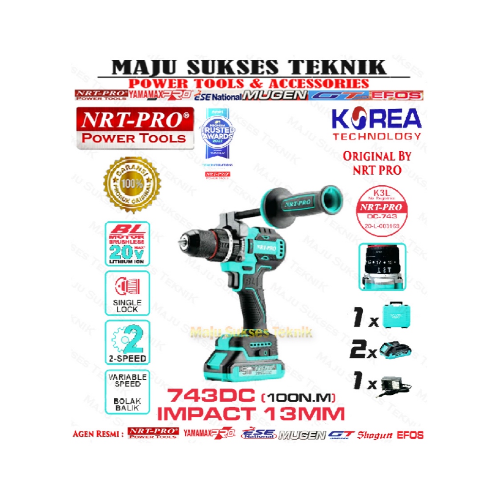 NRT-PRO DC 743 Mesin Bor Cordless Drill Set 20V Baterai Impact Bor Tangan 20 V 13mm DC743 743DC