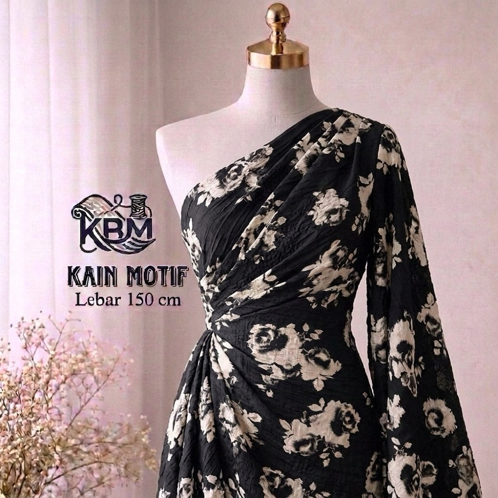 Kain Satin Silk Motif Mawar Hitam Putih - Elegansi Satin Silk Bunga Malam - kain satin Embos silk