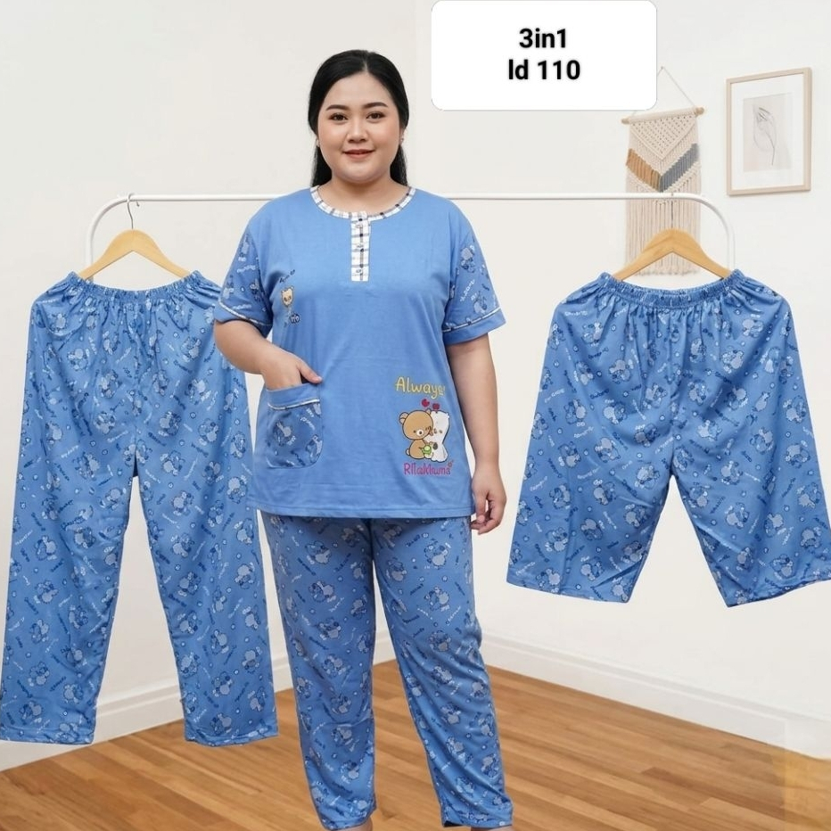 Baju Tidur Wanita Dewasa 3 in 1 JUMBO dengan Bahan Kaos Premium Adem